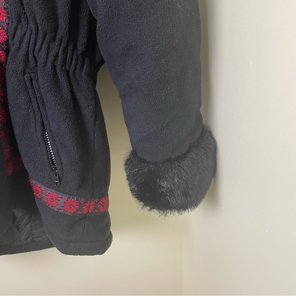 Rothschild Faux Fur Cuff & Hood Fair Isle Black Coat SZ Medium - Picture 7 of 16